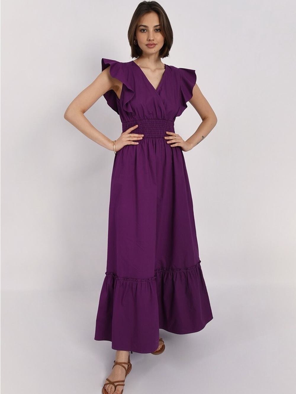 Molly Bracken Cotton Royal Purple Flutter Sleeve Maxi Volume Dress Size Small